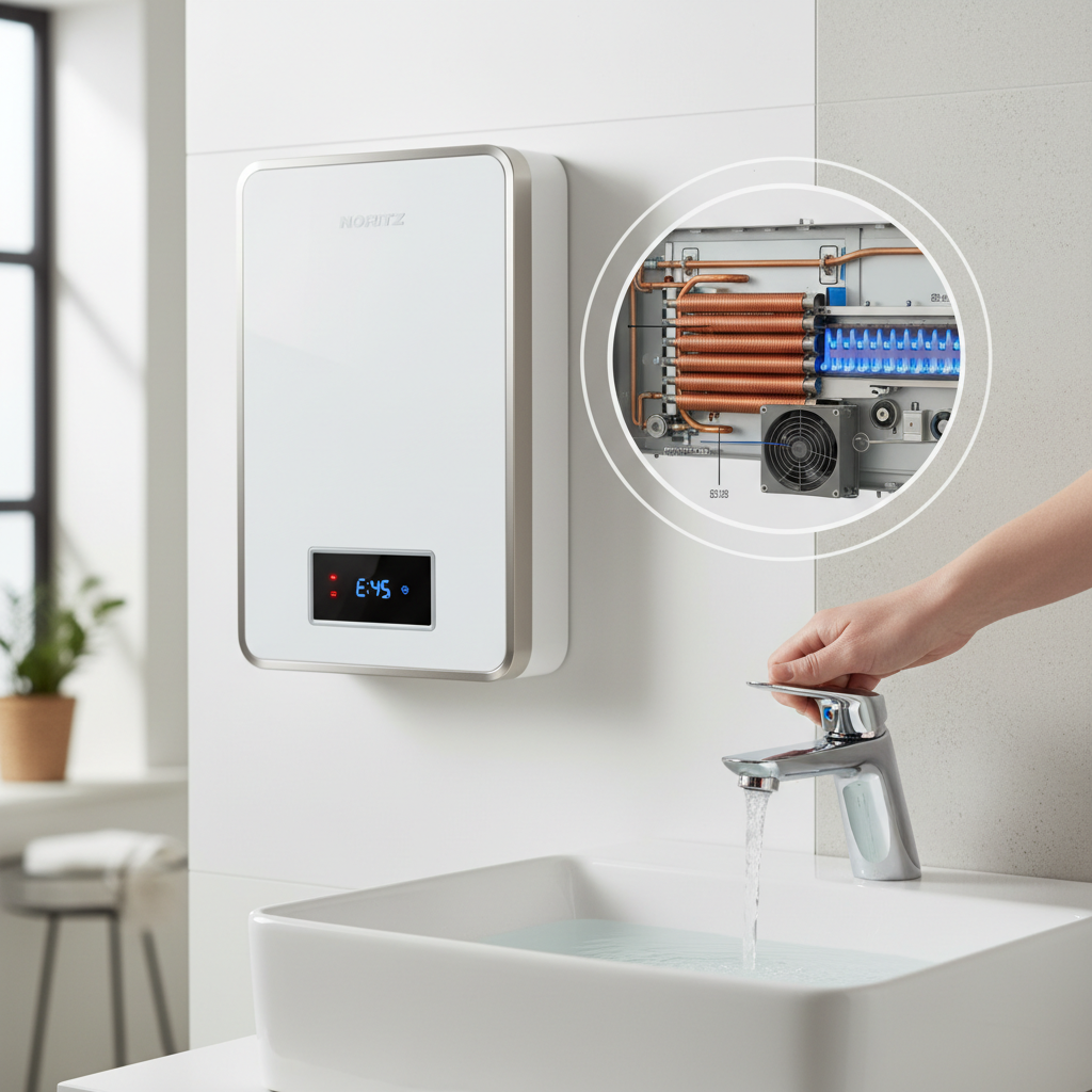 Noritz tankless water heater with no hot water issue - hand testing cold faucet and unit display panel