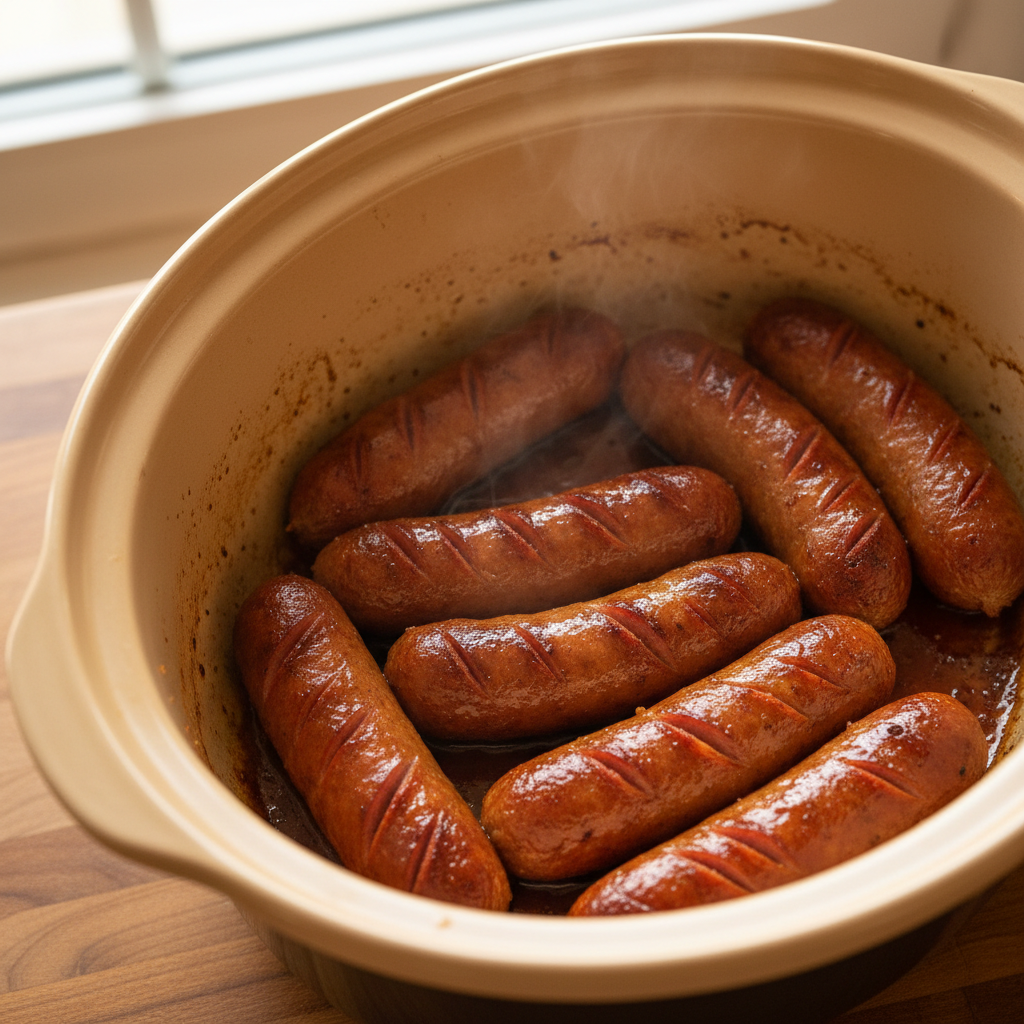 Hot dogs cooking in crockpot with no water, showing golden-brown caramelized surface in slow cooker