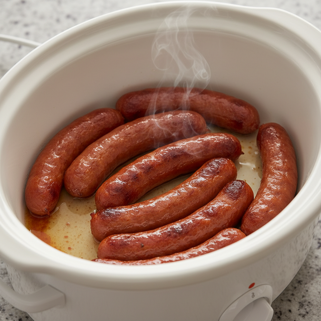 No-Water Crockpot Hot Dogs Cooking Method Crockpot hot dogs cooking without water showing natural juices and slight caramelization in white slow cooker