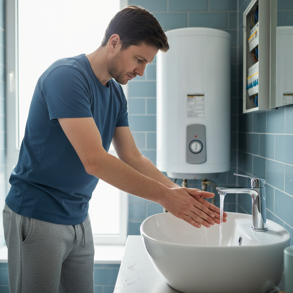 Homeowner testing cold water from faucet with electric water heater visible in background showing no hot water issue