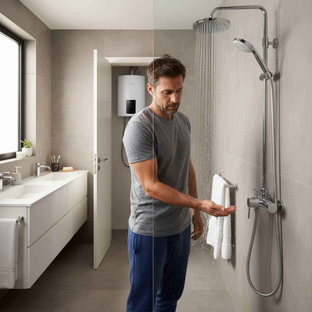 Testing Shower with Malfunctioning Electric Heater Homeowner testing cold shower water with electric water heater visible showing no hot water problem in modern bathroom