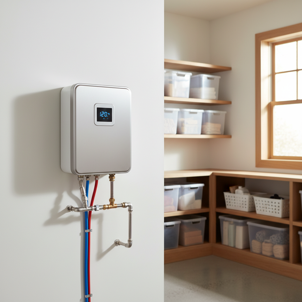 Compact tankless water heater mounted on wall showing space-saving hot water no tank solution for modern homes
