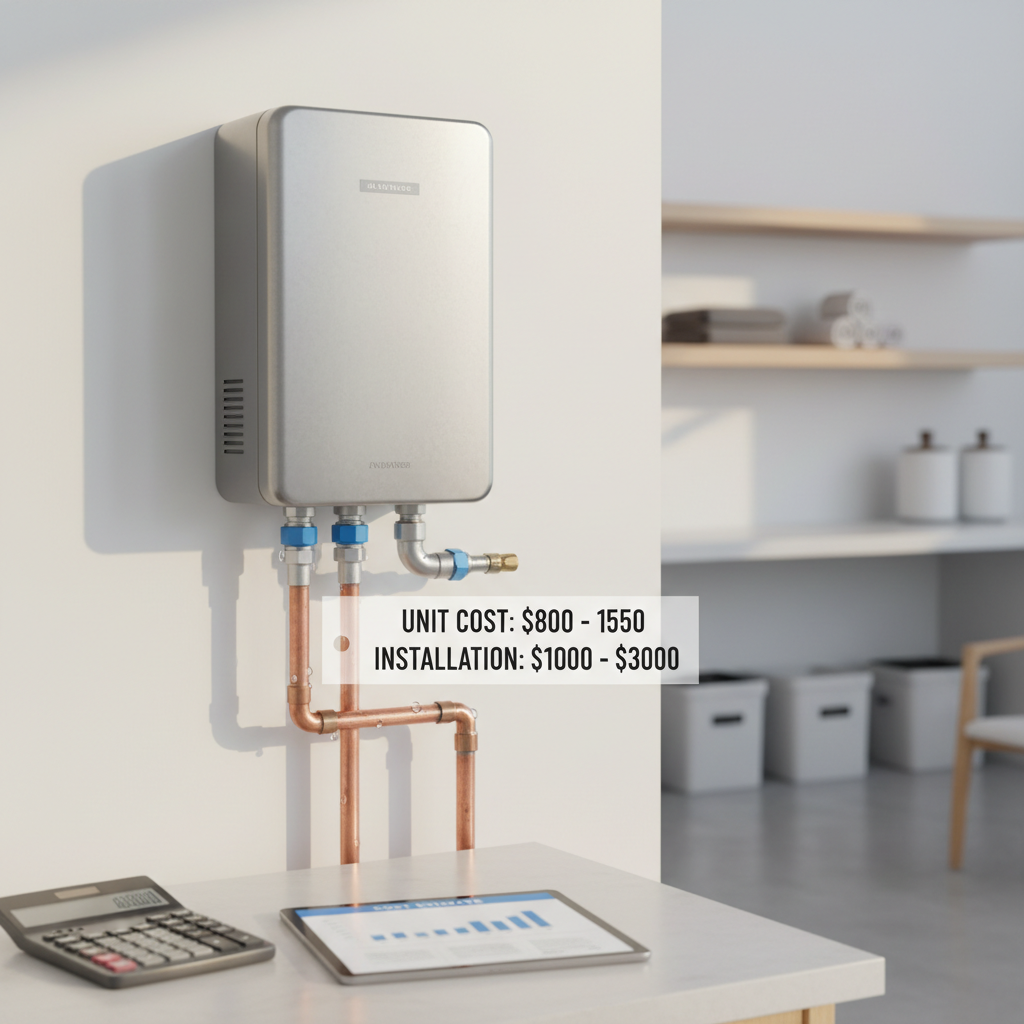 Tankless Water Heater Cost Components Breakdown Modern tankless water heater mounted on wall with cost breakdown showing installation and unit pricing
