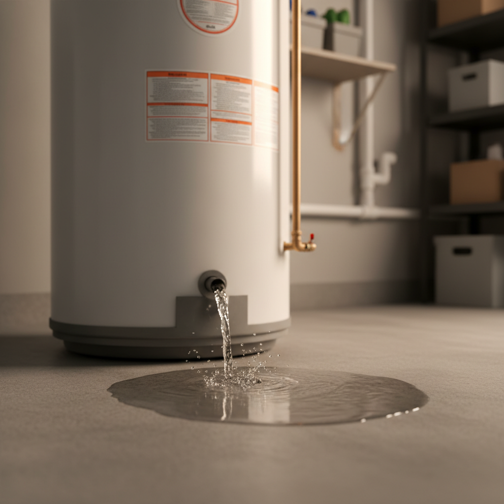 Residential Water Heater Bottom Leak Example Water heater leaking from bottom drain valve with water pooling on basement floor - common residential plumbing issue