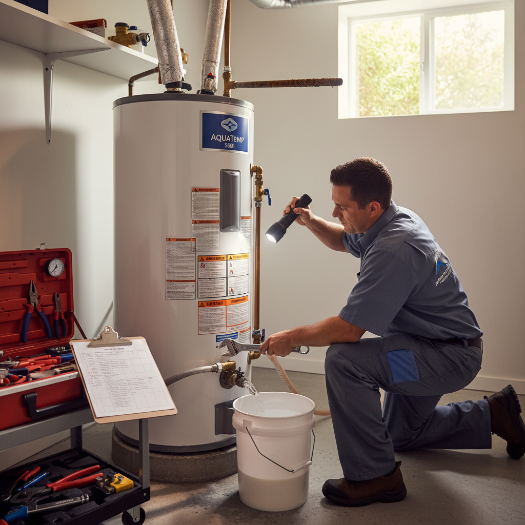 Expert Water Heater Maintenance Service Professional plumber performing water heater maintenance in Sacramento home, inspecting modern tank unit