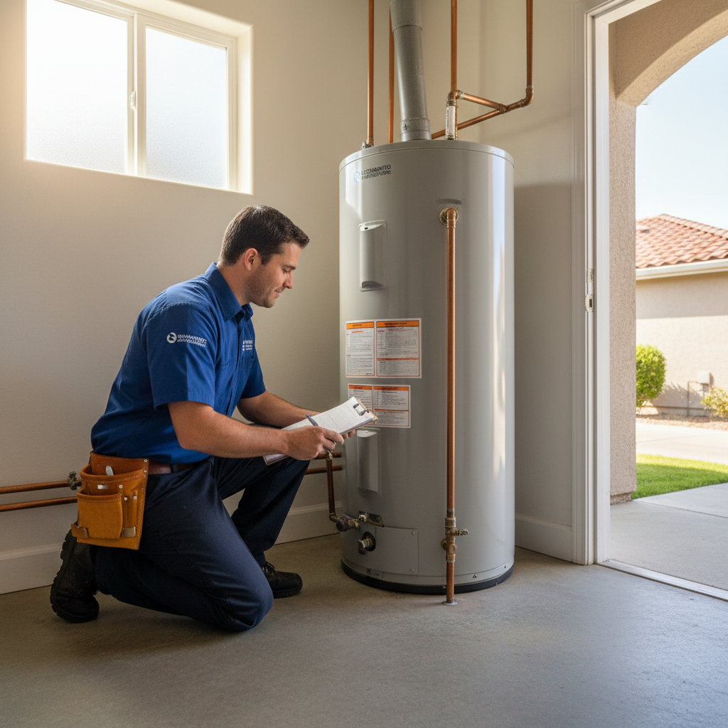 Water Heater Maintenance Service in Sacramento Professional plumber performing water heater maintenance in Sacramento home utility room with tools and inspection