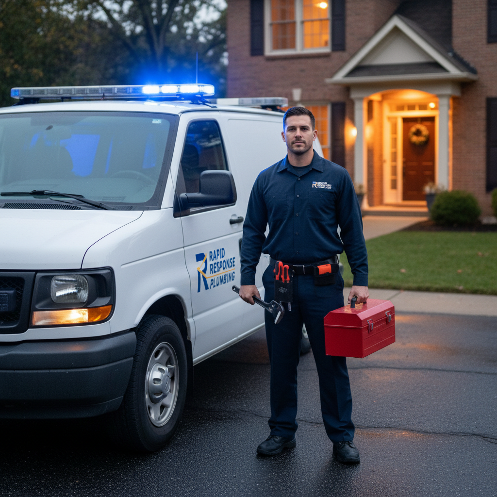 Professional Emergency Plumber Responds to Service Call Emergency plumber arriving at home with service van for urgent water heater repair in suburban neighborhood