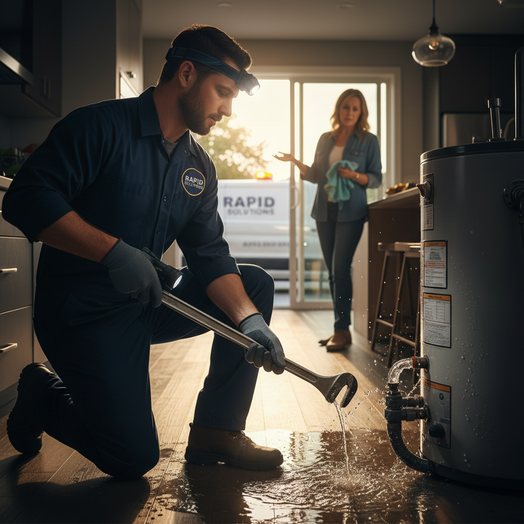 Licensed Emergency Plumber Responding to Call Emergency plumber repairing water heater leak in home - professional service technician working on urgent repair