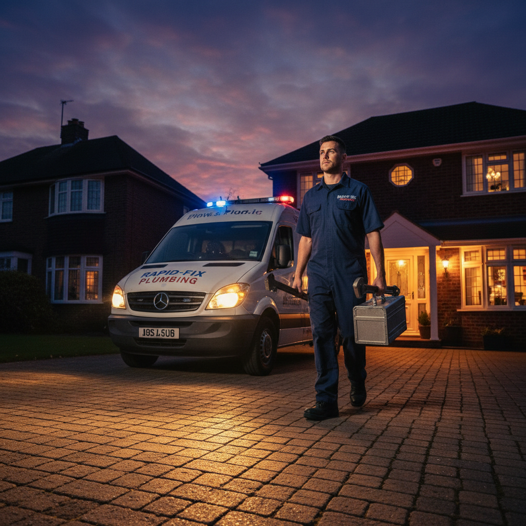 Licensed Emergency Plumber Responding to Service Call Emergency plumber arriving at home at night with tools for urgent water heater repair service