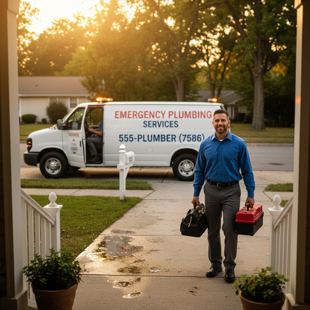Professional Emergency Plumber Responding to Service Call Emergency plumber arriving at home with service van for urgent water heater repair call