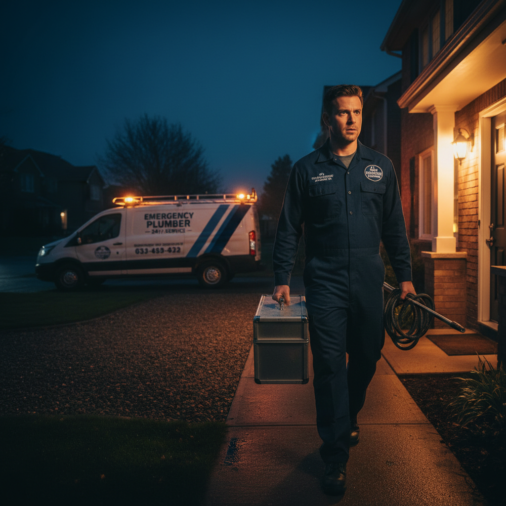 24/7 Emergency Plumber Responding to Service Call Emergency plumber arriving at night for urgent water heater repair with service van and professional tools