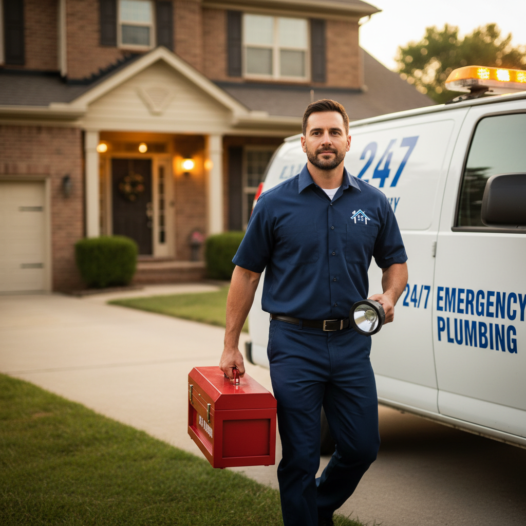 24/7 Emergency Plumber Responding to Service Call Emergency plumber arriving at home for urgent water heater repair with service van and professional equipment