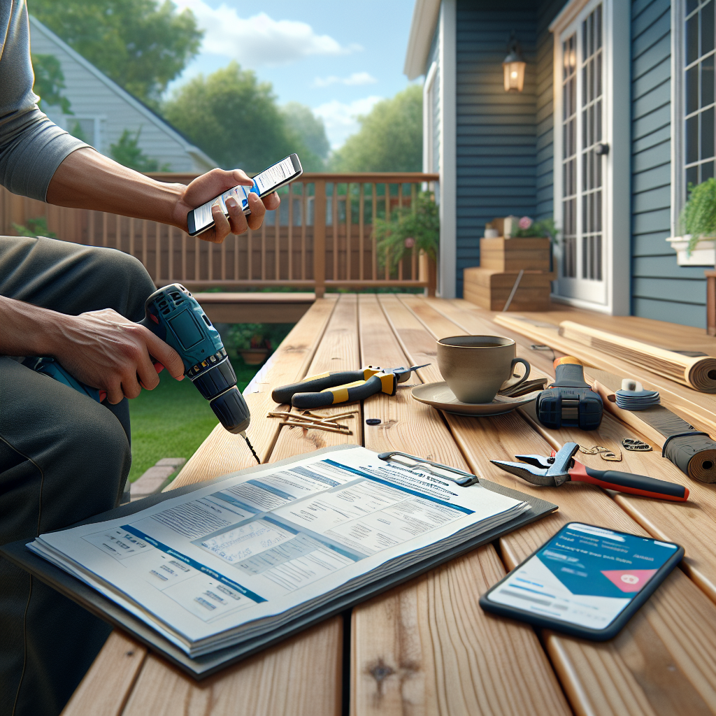 Realistic backyard deck repair scene with tools and smartphone showing deck repair near me