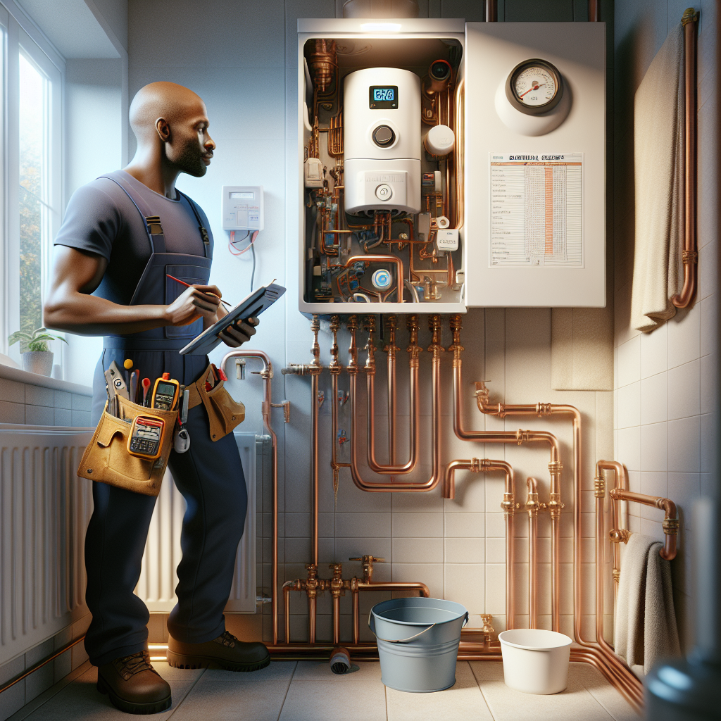 Realistic photo of a plumber performing boiler repair service in a home utility room