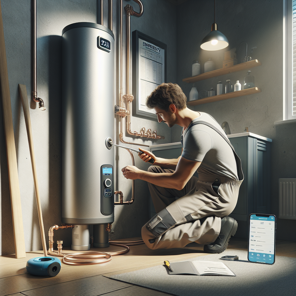 Professional plumber repairing water heater in emergency plumbing services scene