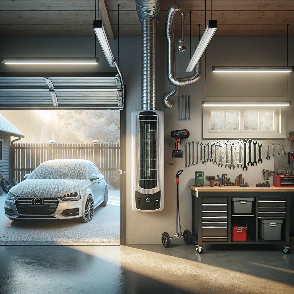 Photorealistic garage heater in a tidy garage protecting car, tools, and pipes