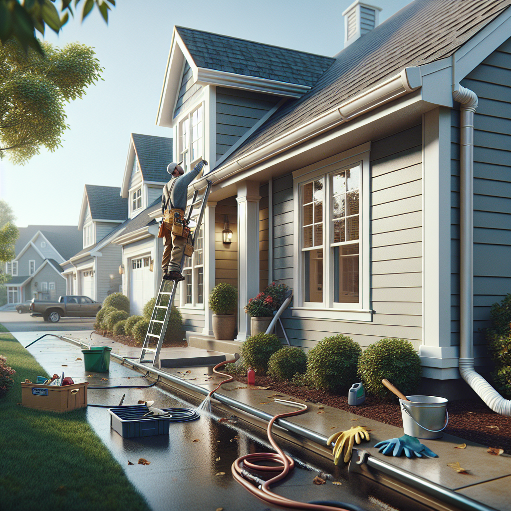 Photorealistic image of a home with clean gutters and a technician on a ladder representing gutter cleaning prices near me.