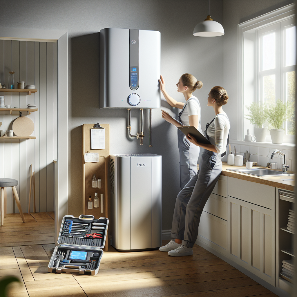 Photorealistic image of a plumber performing instant water heater repair in a modern home