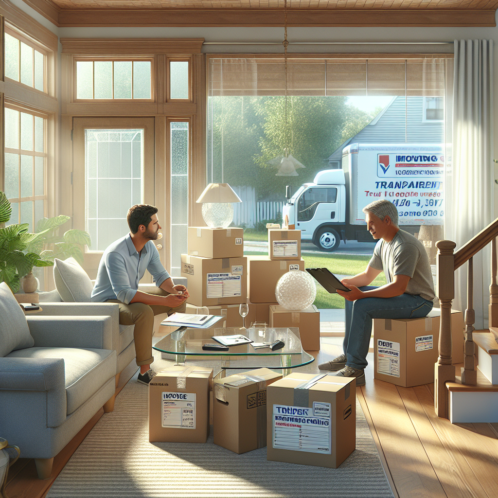 Photorealistic image showing movers and homeowner discussing transparent pricing for moving companies near me