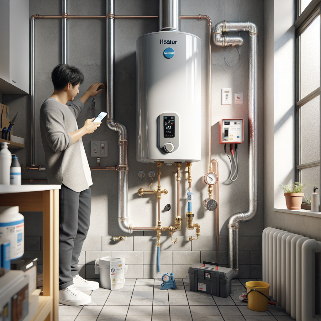 Photorealistic scene of quick water heater in residential utility room with plumbing elements
