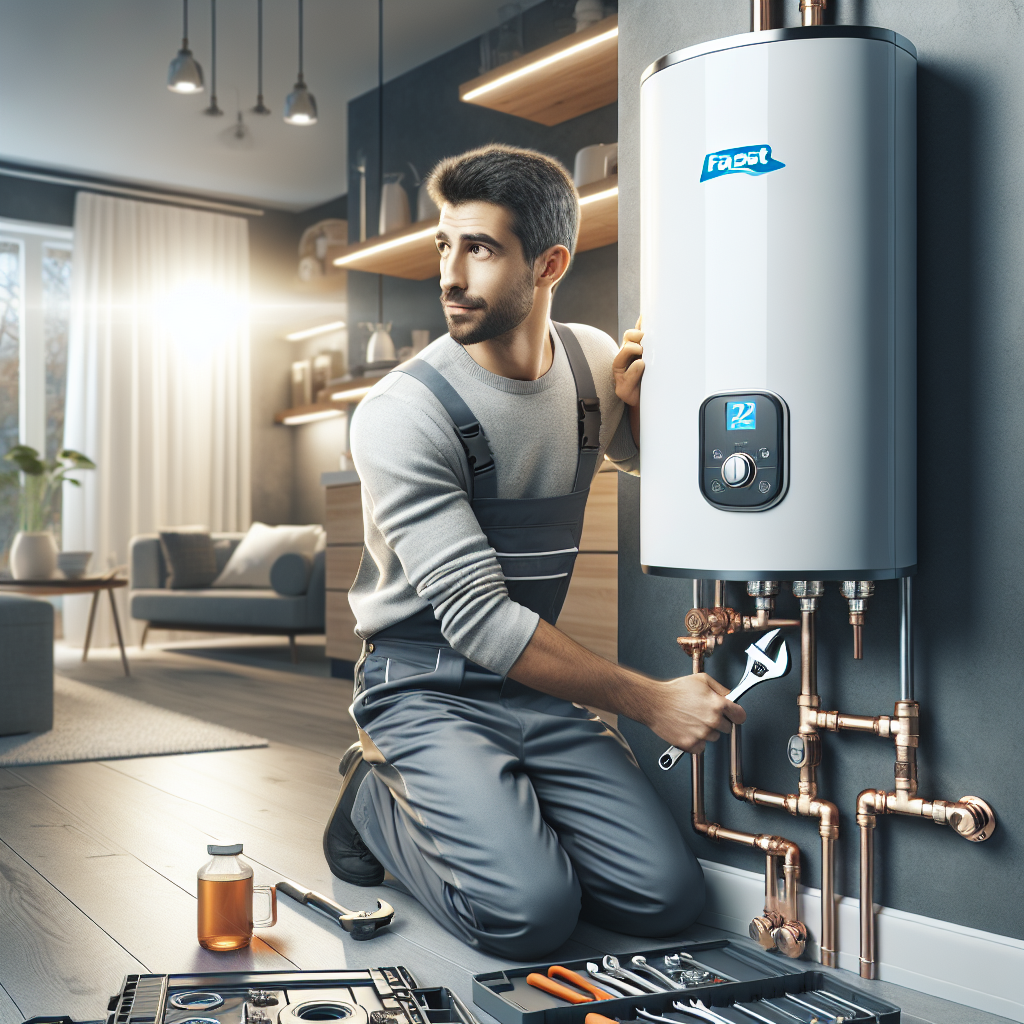 Professional plumber performing water heater installation in a bright home utility room