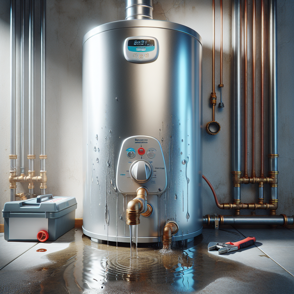 Photorealistic water heater leak repair scene with pipe fittings and small puddle