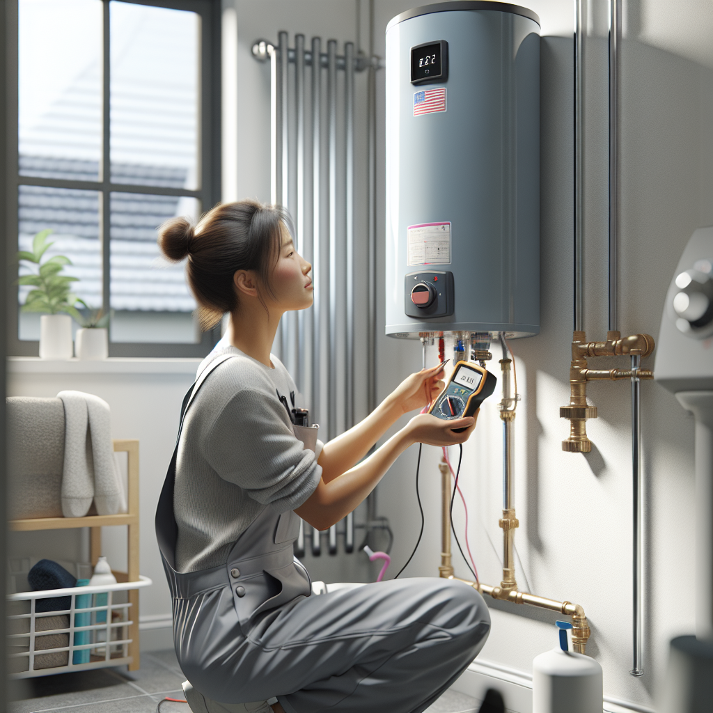 Photorealistic image of skilled technician repairing a water heater indoors for water heater repair