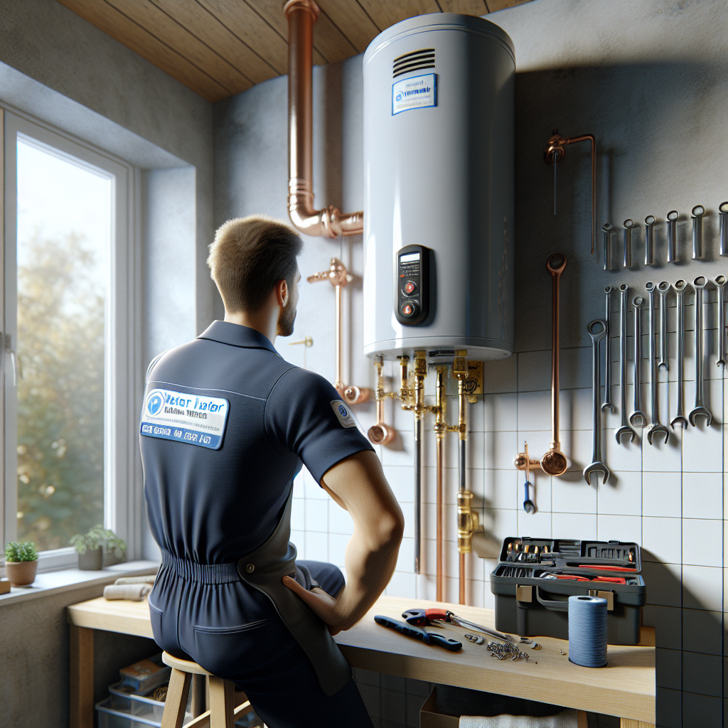 Professional plumber repairing water heater in utility room, water heater repair