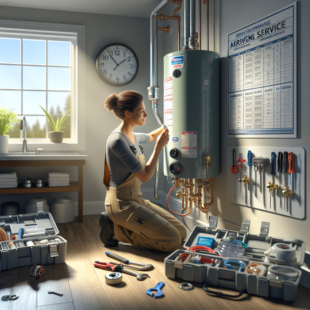 Photorealistic water heater service with plumber repairing tank, highlighting water heater service.