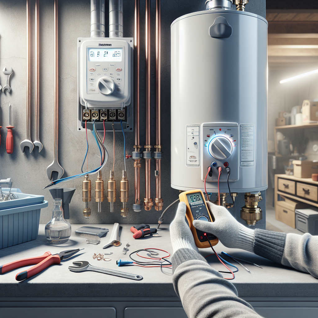 Photorealistic water heater troubleshooting scene with tools and multimeter, illustrating water heater troubleshooting