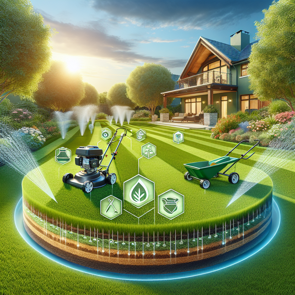 Green, lush lawn with mowing, fertilization, and irrigation icons symbolizing lawn care services