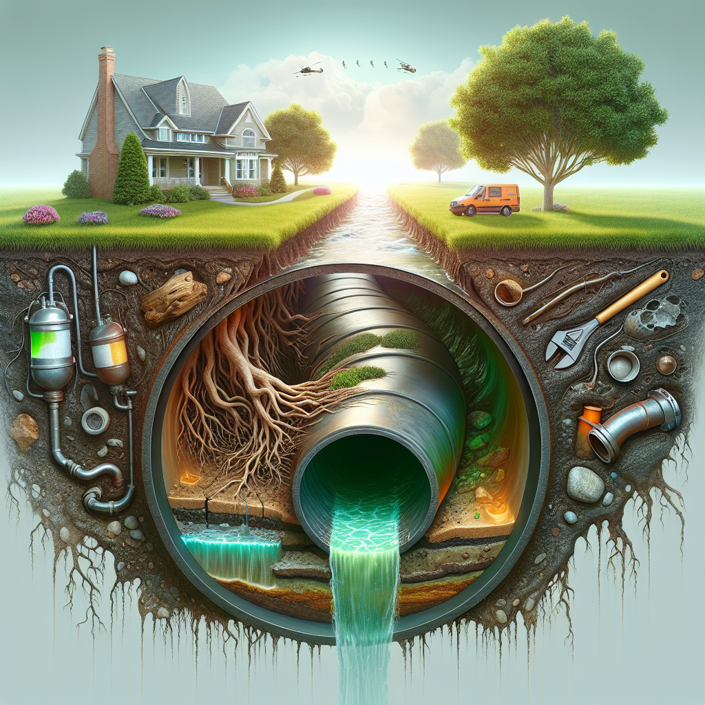 Professional cover image representing sewer line repair with underground pipes and yard symptoms
