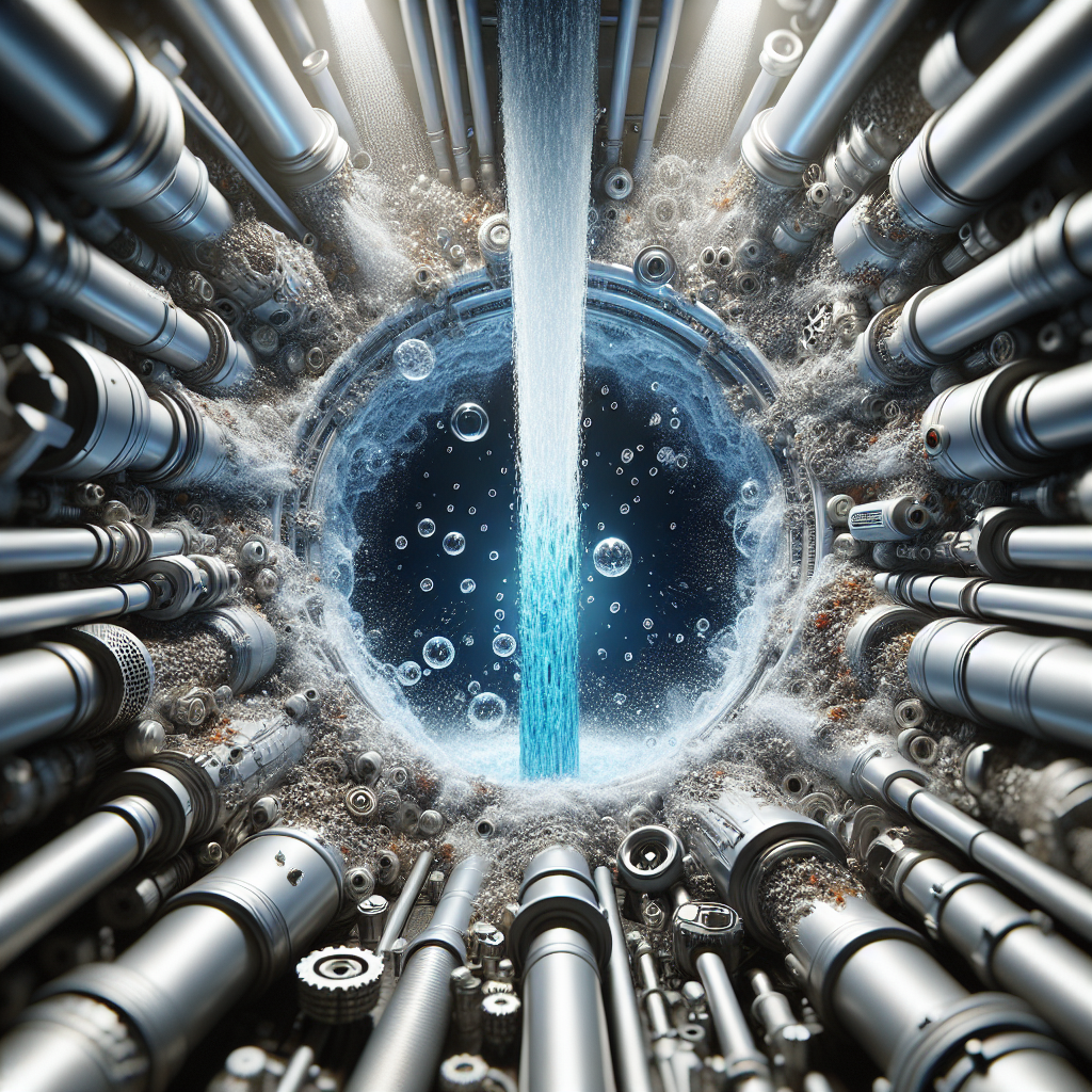 Professional depiction of hydrojet drain cleaning flushing sediment from water heater pipes